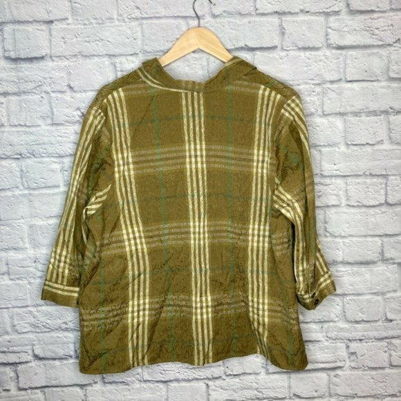 CJ Banks 1X Green‎ Woven Plaid Cotton Blend Button Down Shirt Top Blouse Plus - Picture 2 of 4